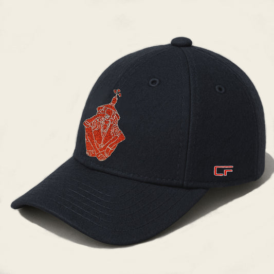 Dark blue baseball cap in felt look with red and white embroidery