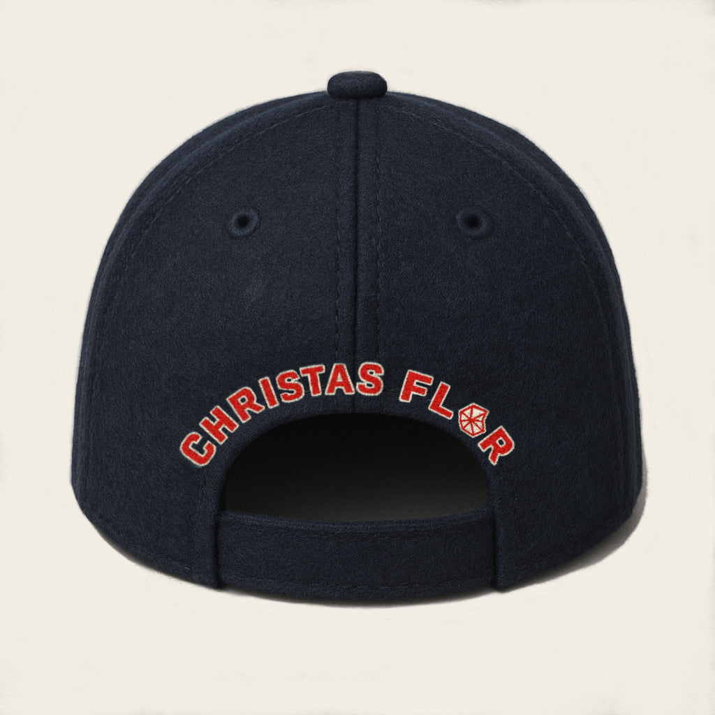 Dark blue baseball cap in felt look with red and white embroidery