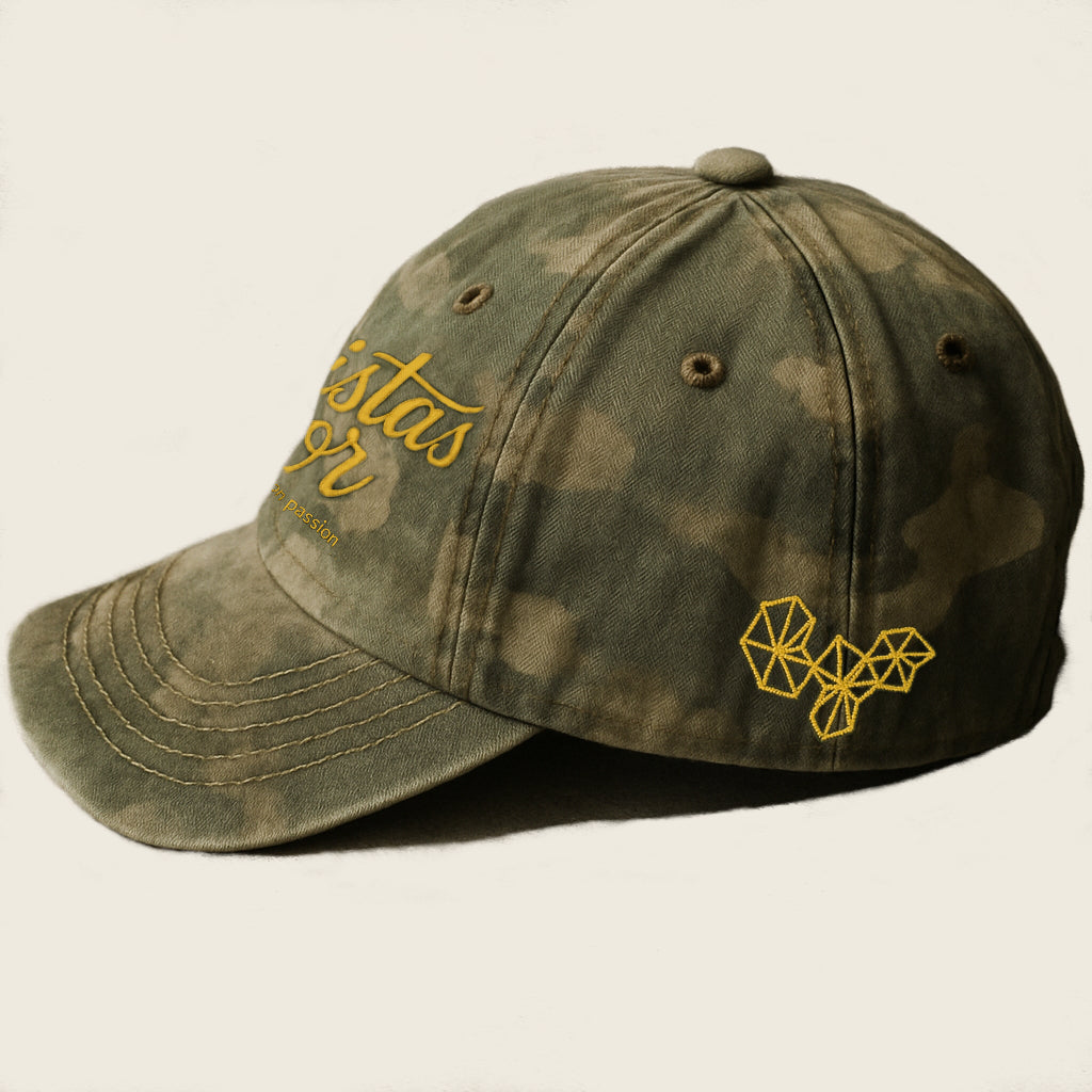 Camouflage colored baseball cap in vintage look with yellow embroidery